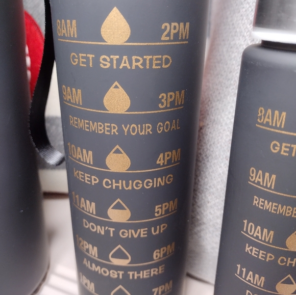 3 BLACK w/Gold writing Water Bottles Set: 64oz, 25oz, 10oz, All with Handles - Picture 7 of 16